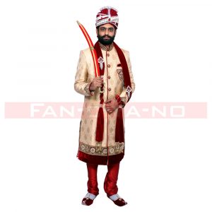 Gold Sherwani with Maroon Breaches and Dupatta