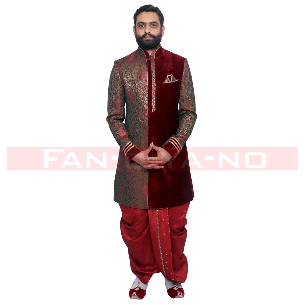 Maroon Indo Western with Golden Work and Red Dhoti