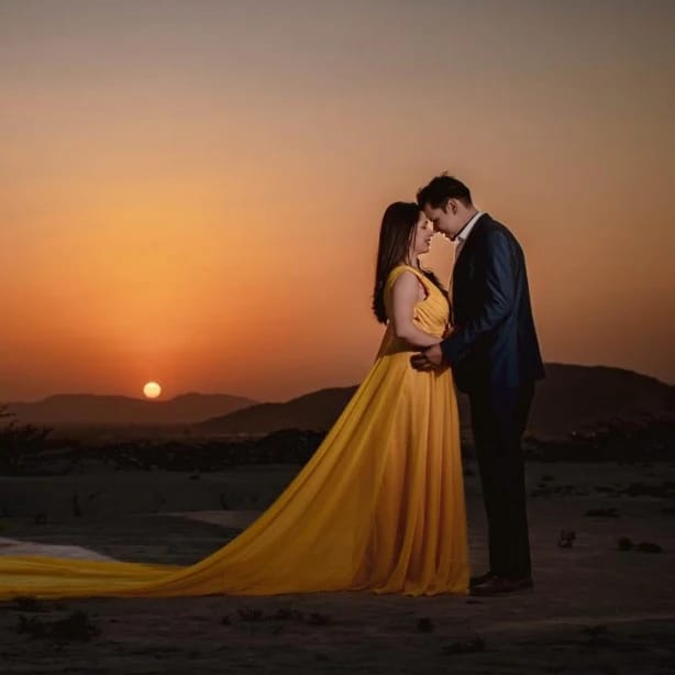 Yellow trail gown & Suit on rent for pre-wedding
